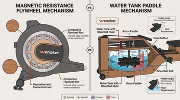 Ein vergleichendes schematisches Diagramm des internen Magnetschwungrad-Systems und des Wassertank-Mechanismus eines Wasserrudergeräts