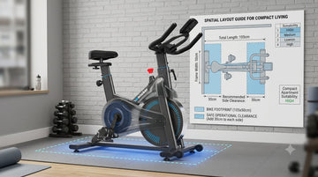 Eine Maßzeichnung, die den Stellflächenbedarf und die seitlichen Freiräume für einen kompakten Heimtrainer in der Wohnung veranschaulicht