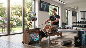Ein Fitnessfan nutzt das Wenoker RW211-50 Wasser-Rudergerät für den sommerlichen Fettabbau