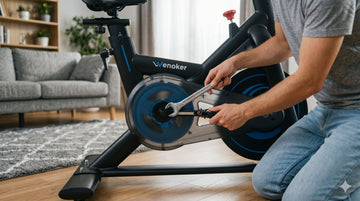 Eine Person zieht mit einem Maulschlüssel das Gewinde eines Heimtrainer-Pedals fest in die stählerne Kurbel
