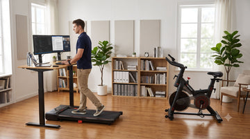 Ein Remote-Mitarbeiter nutzt einen Stehschreibtisch, unter dessen Gestell ordentlich ein kompakter Wenoker Magnet-Heimtrainer verstaut ist