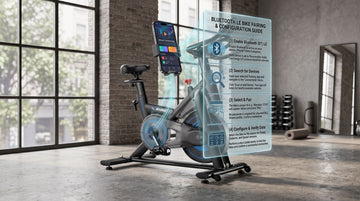 Eine technische Schritt-für-Schritt-Infografik, die zeigt, wie man ein smartes Indoor-Bike über Bluetooth-LE-Einstellungen erkennt, koppelt und mit einer virtuellen Trainings-App verbindet
