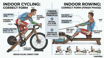 Eine technische Übersicht, die die richtige Körperausrichtung, den optimalen Kniewinkel und eine gerade Rückenhaltung beim Indoor-Cycling und Rudern zeigt
