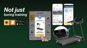 Ein Nutzer navigiert auf dem iPad durch den Kopplungsbildschirm einer virtuellen Trainings-App, mit sichtbarem Symbol für eine aktive Bluetooth-Verbindung