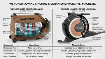 Eine direkte Vergleichstabelle, die die mechanischen Unterschiede, das Rahmengewicht und die Lautstärke von Wenoker Wasser-, Magnet- und Dual-Rudergeräten gegenüberstellt